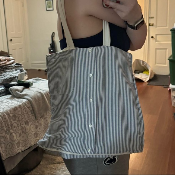 Upcycled/reworked tote bag white/blue strips buttons - Picture 2 of 4